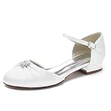 Women's Satin Pumps Ankle Strap Closed Toe Flats Comfort Low Heel Evening Work Wedding Dress Shoes,White,9 UK