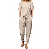 Two Piece Outfits Women Summer Tracksuits Linen Lounge Wear Sets Ladies Co Ords Round Neck Short Sleeve Tops and Trousers 2 Piece Jogger Outfit Casual Suit Vacation Travel Outfits Holiday Clothes