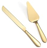 Cake Cutting Set for Wedding, Elegant Cake Knife and Server Set with Thickened Stainless Steel Rounded Edges, Cake Cutter Pie Spatula for Birthday Anniversary Christmas, 2 Pcs, Gold