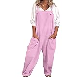 Linen Dungarees for Women - Casual Summer Wide Leg Jumpsuit Overall With Large Pockets, One Piece Oversized Leisure Suit for Holiday and Outings