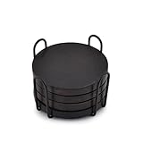 EDHAS Acacia Wood Black Coaster Set of 4 With Iron Holder Coffee Table Décor Tabletop Protection Décor (Coaster Size - 10.16cm x 10.16cm x 1.27cm, Holder Sze - 11.43cm x 11.43cm x 6.99cm)
