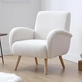 chairus Armchair for Living Room Faux Fur Boucle Accent Chair Single Upholstered Lounge Tub Chair with Wooden Legs (White)