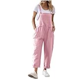 OVARA Ladies Dungarees Casual Baggy Overalls with Pocket Summer Sleeveless Linen Jumpsuits for Women UK Plain Lightweight Button Straps Bib Pants