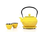 Echtwerk Cast Iron Teapot Set, 1.1L Yellow, Vintage Design Loose Leaf Tea Maker with Saucer and 2 Cups