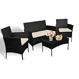 Grennswick 4-Piece Rattan Patio Furniture Set - Outdoor Wicker Sofa & Chairs with Coffee Table, Weather Resistant Garden Conversation Set for Patio, Backyard, or Poolside​ (Black + Beige Cushions)