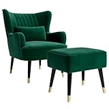 Vesgantti Velvet Armchair with Footstool and Lumbar Pillow, Modern Wing Back Accent Chair with Ottoman, Large Cuddle Chair for Living Room Bedroom Study Room Office(Green)