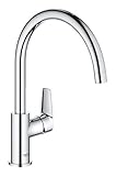 GROHE BauEdge – Single Lever Kitchen Mixer Tap (Monobloc Installation, High Spout, Swivel Area 360˚, 28 mm Ceramic Cartridge, Tails 3/8 inch), Easy Installation, Size 332 mm, Chrome, 31367001