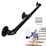 Lechansen Stair Handrail for Indoor & Outdoor, 2 Meter/200cm Black Banister Staircase for Steps, 3.2cm Diameter Wrought Iron Pipe Handrail Wall Mount Balustrades Grab Bars for Stair Railing Support