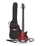 Gear4music Chicago Electric Bass Guitar 5 String with Accessories Red