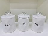 AIDNI Set of 3 White Crown-Lid Ceramic Coffee, Tea & Sugar Canister Set, Marble Effect Storage Jars with Silver Crown Lids Stylish Kitchen Canisters for Modern & Traditional Homes -15cm