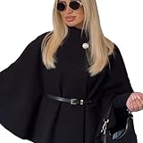 FASHIONGURU Women’s Belted Cape Poncho Coat – Oversized Shawl Wrap, Elegant Open Front Cloak Jacket, Wool Blend Winter Cardigan with Button Detail (Black)