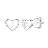 Delicate S925 Silver Heart Pendant Earrings Gift 26 Letter Initial A-Z Stud Erarrings For Women Girls Mum Daughter Sisters Friends Lover Birthday Christmas Party Silver Jewellery (F)