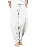 COOFANDY Men's Linen Trousers Lightweight Trousers Summer Mens Casual Pants Drawstring Waist Trousers with Pocket for Men White S