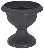 Koopp Large 36cm Urn Planter on Flower Pedestal, Slate Grey | Lightweight, Durable Rippled Plastic Ornamental Plant Pot | UV Resistant Decorative Garden & Home Planter, Indoor/Outdoor Rustic Plant Pot