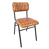 Vintage Industrial Rustic Retro Style Dining Chair, Genuine Real Leather, Home, Restaurant, Bar, Coffee Shop, Tan Brown Ribbed Seat + Satin Black Metal Frame