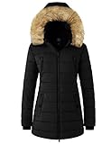 Wantdo Women's Winter Warm Puffer Coat Water Resistant Outdoor Jacket Cotton Padded Jackets Faux Fur Hood Coats Black L