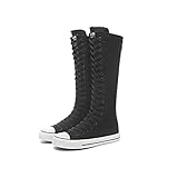 Momuk Women Boots Mid Calf Knee High Tall Zipper High Lace up Stylish Punk Flat Sneaker Boots Shoes for Girls Black