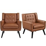 Yaheetech Tub Chair, Modern Button Tufted Armchair, PU Leather Sofa Chairs for Living Room Bedroom Reading Nook, Retro Brown, Set of 2