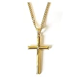 Lifetime Bling 18K Gold Chain Cross Pendant Necklace for Men, Women 3MM Cuban Curb Chain w/real strong Solid Clasp gift for husband, wife Religious Beveled Edges (24)