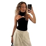 Yoisdtxc Women's Halter Neck Tops Stylish Ring Design Slim Fit Bare Shoulder Sleeveless Tank Tops (Black, M)