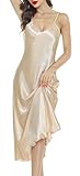 Lovasy Satin Nightdress for Women UK Long Negligees Strap Chemise Silk Nighties for Women V Neck Full Slips Sleepwear Nightwear,Champagne,XXL