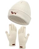 Geyoga Animal Embroidered Winter Hat and Gloves Set Gift for Women Warm Beanie & Fleece Gloves for Dachshund Sausage Dog, Fox, Bee, Cat, Robin Highland Cattle Horse Lover(Beige,Dachshund)