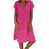 HOOUDO Long Summer Dresses for Women UK Clearance, Linen Summer Dresses for Women UK Casual V Neck Midi Dress Short Sleeve A-line Sundress Ladies Tunic Beach Sundresses,My Orders UK 2024 Hot Pink