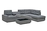 Western Grey Fabric Corner Sofa With Cup Holder & Ottoman - L shape High Back Suite For Living Room - Cheap Sofas & Couches-3020 (Right Hand Side)