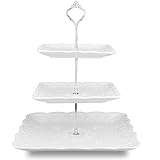 Nyxi Cake Stand Afternoon Tea White Ceramic Square 3 Tier Cake Stand Porcelain Sauare Display with New Crown Silver Fittings