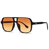 LOJUDI Retro 70s Sunglasses Womens Mens - Pilot Square Tinted Lens Oversized Vintage Ladies Sun Glasses Trendy Shades for UV400 Protection-Black/Orange Yellow Lens