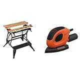 BLACK+DECKER Workmate Plus, Work Bench Tool Stand Saw Horse, Dual Height with Heavy Duty Steel Frame & 55 W Detail Mouse Electric Sander with 6 Sanding Sheets, BEW230-GB