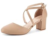 Greatonu Womens Court Shoes Mid Heel Chunky Dress Sandals Ladies Ankle Strap Wedding Party Pumps Nude Size 6