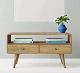 Mid Century TV Stand Vintage Danish Cabinet Modern Scandinavian Style Solid Wood Media Unit 2 Storage Drawers Large Danish Nordic Lowboard, 47 x 90 x 35 cm (H x W x D)