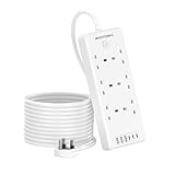 Extension Lead 5M with 6 USB Slots (3 USB C), 6 Way Surge Protection Extension Sockets with Switch, Wall Mounted Multi Plug Power Strip for Home Bedroom Kitchen Office, White