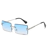 YUELUQU Retro Rimless Rectangle Sunglasses for Women Men Transparent Glasses Y2K Vintage Eyewear (Silver blue)