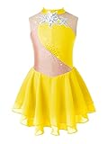 Agoky Kids Girls Shiny Sparkling Rhinestones Sleeveless Ballet Dance Dress Gymnastic Leotard Performance Dancewear Yellow A 9-10 Years