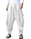 YAOHUOLE Mens Linen Trousers Mens Wide Leg Trousers Harem Pants Baggy Beach Pants Parachute White M