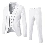 Mens 3 Piece Slim Fit Suit Set, One Button Blazer Tuxedo Casual Suit Set Business Wedding Party Jacket Vest & Pants(White,Small)