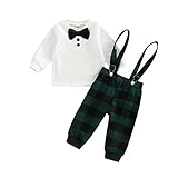 XIXIMAON Infant Baby Boy Christmas Suit Long Sleeve Bowtie Pullover Button Top Plaid Print Suspender Trousers Gentleman Set