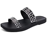 ONCAI Womens Rhinestones Flat Sandals Black Trendy Square Open Toe Sparkly Summer Dressy Slides Sandals with Non-slip Rubber Soles size 7