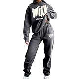 NSICBMNO Gray Tracksuit Womens Full Set Jogging Suits Hoodie Tracksuit Two Piece Outfit Oversized Sweatshirts Jogging Pants With Pockets Lounge Outfits Casual Co Ord Sets Gym Activewear Streetwear