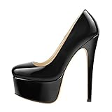 MissHeel Women's Closed Toe Slip-on High Heel Pumps Round Toe Stiletto High Heels Patent Leather Sexy Platform Court Shoes Black Size 11
