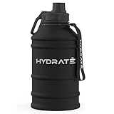 HYDRATE Stainless Steel 2.2 Litre Water Bottle - Black - Metal Gym Water Bottle - Convenient Stainless Steel Water Bottle, Hiking Water Bottle, Nylon Carrying Strap and Leak-Proof Screw Cap