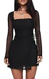 Women's Sexy Ruched Mesh Mini Dress Square Neck Long Sleeve Fitted Dress Elegant Club Party Dresses Black M