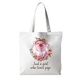 ignytiger Pig GiftsTote Bag, Just A Girl Who Loves Pigs Canvas Tote Bags for Women, Pig Gifts for Women Pigs Lovers, Cute Floral Reusable Grocery Bags Shopping Bags