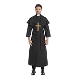maxToonrain Priest Costume Large,Mens Priest Fancy Dress Classical Catholic Black Monk Robe with Shawl+Gold Cross Halloween Vicar Costumes for Men(Black,L)