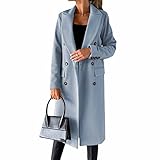 CARGIS Long-sleeved wool coat with double-breasted buttons,Women's Double Breasted Long Trench Coat Windproof Classic Lapel Slim Overcoat (blue,XL)