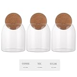 ASelected 3 Pcs Glass Storage Jar With Ball Cork Lid 500ML Tea Coffee And Sugar Canisters With Sticker For Spices, Sugar, Coffee, Biscuits, Candies