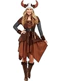 Smiffys Viking Barbarian Queen Costume, Brown with Dress & Helmet, Historical Fancy Dress, Viking Dress Up Costumes