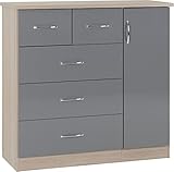 Seconique Nevada 5 Drawer Low Wardrobe in Grey Gloss/Light Oak Effect Veneer